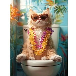 Cat Diamond Art Kit Cat on Toilet Bowl Bathroom Cat Hawaiian Tropical Cat